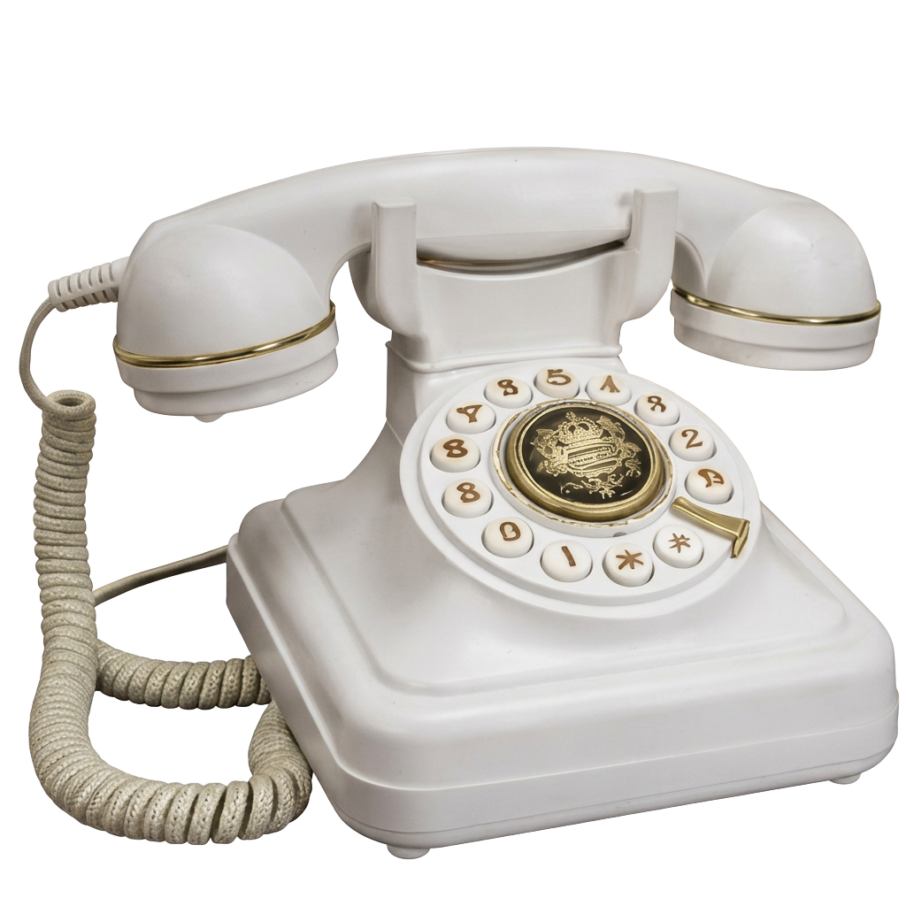 Téléphone vintage blanc et doré du Livre d’Or Audio